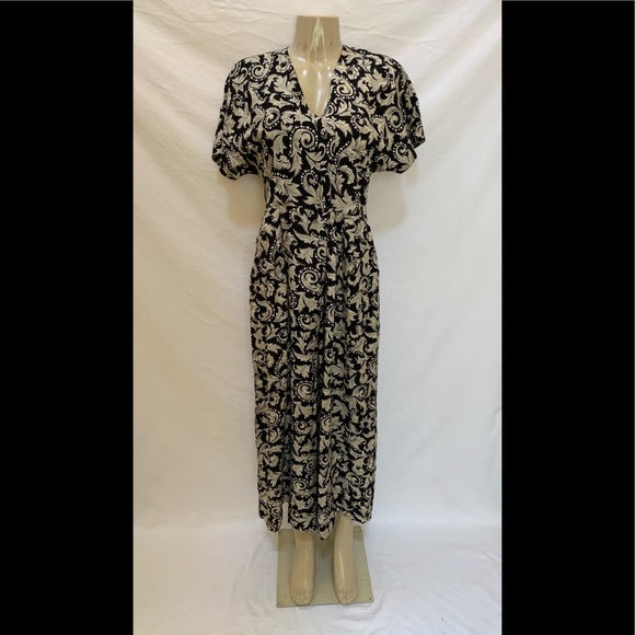VTG Claude René Size 10 Black With Cream Printed Short Sleeve Wide Leg Jumpsuit - Picture 1 of 8